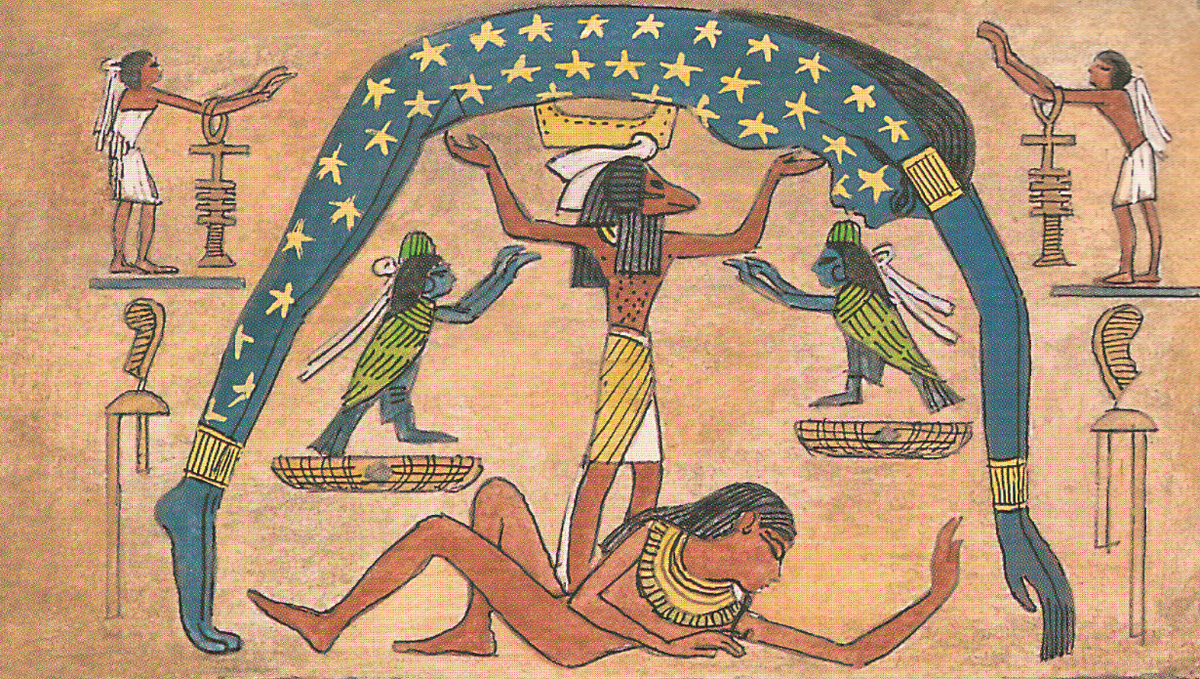 Богиня неба Нут, поддерживаемая богом воздуха Шу, чьи руки, в свою очередь, поддерживаются двумя воплощениями бога Хеха (олицетворения бесконечности, бескрайнего пространства). Внизу простёрся бог земли Геб — брат и муж Нут. (интернет)