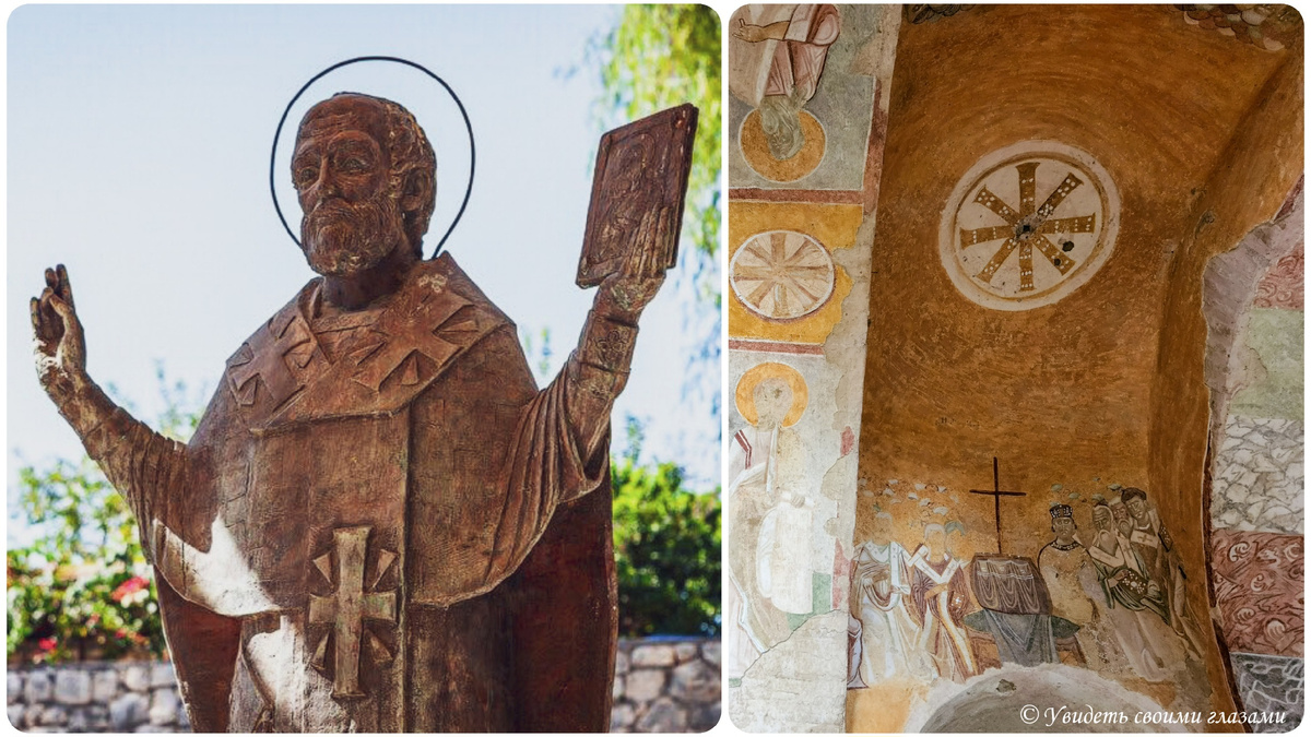 Статуя Святого Николая и фрески на стенах внутри церкви