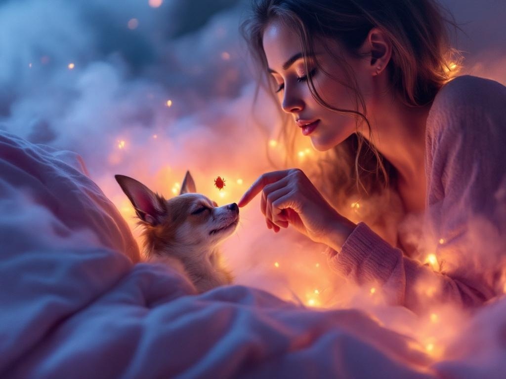    К чему такое снится: Женщина смотрит на свою собаку породы чихуахуа, которая стоит рядом и неторопливо машет хвостом. На ухо собаки женщина указывает пальцем, где нарисован большой клещ.