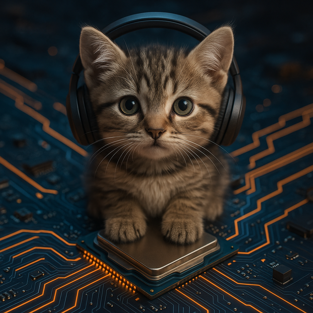 Миниатюрная модель ИИ в образе котёнка на процессоре — символ лёгкой, но мощной локальной технологии.