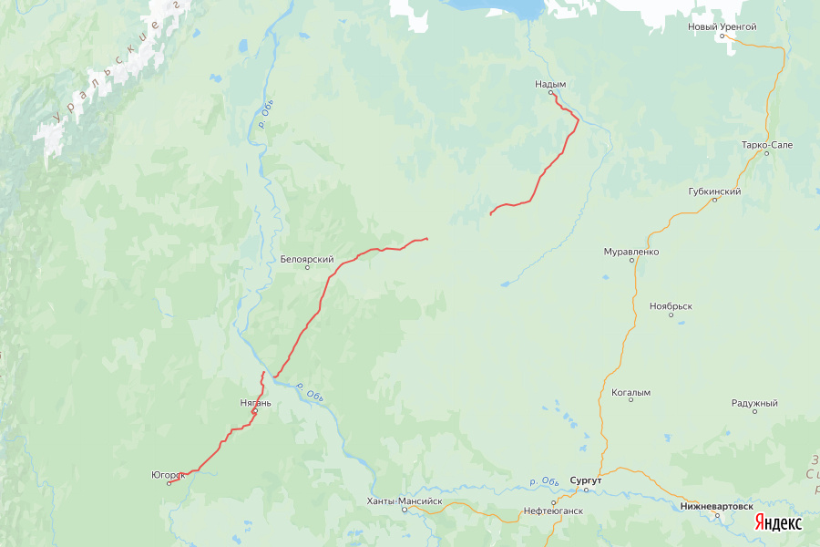 © yandex.ru/map-constructor (Сегодня от Надыма до Югорска можно проехать лишь зимой. Красным — участки круглогодичной дороги. Необходимо построить дорогу от Сосновки – Приозерного и мостовой переход через Обь в районе Андры, а также реконструировать некоторые действующие участки)