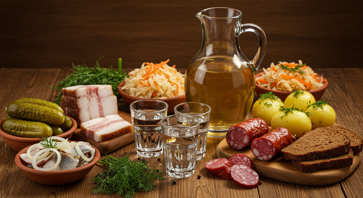 Самогон с закусками на столе