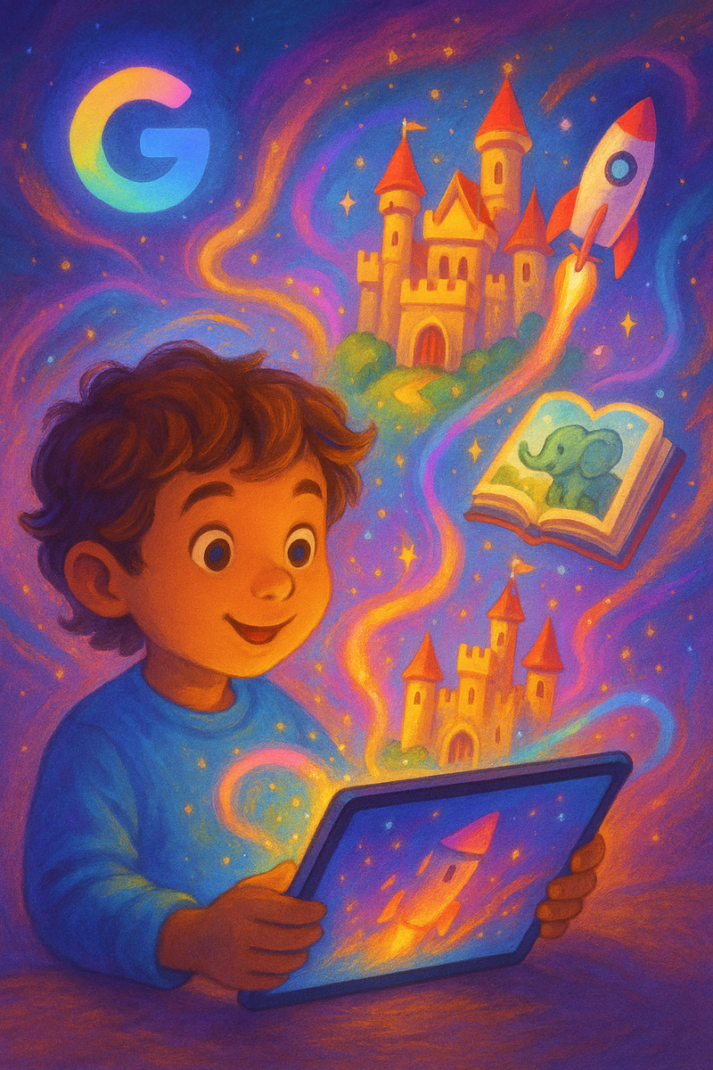 Ребёнок держит планшет, а из экрана «оживают» замок, ракета и дружелюбный слоник — визуальный образ функции Gemini, превращающей любое описание в яркую персональную книжку с иллюстрациями.