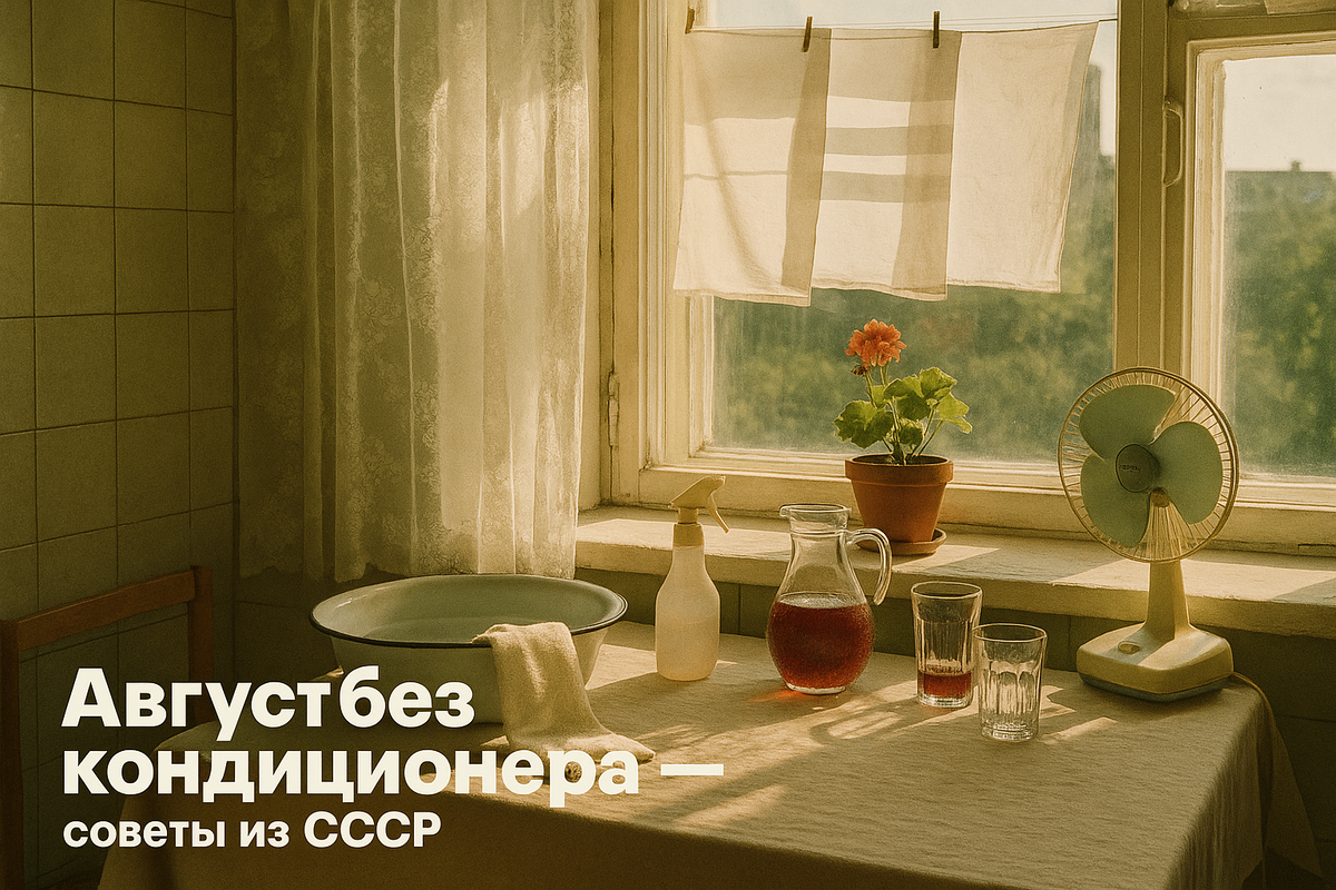 Кружевной тюль дышит сквозняком, а влажная простыня прикрывает солнечную сторону окна, смягчая жар. На столе — эмалированный таз с водой, пульверизатор, графин компота и гранёные стаканы: простые приёмы «как в СССР