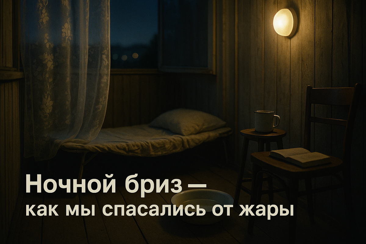 Ночное окно с тюлем, которое «дышит» прохладным бризом; на раскладушке — лёгкое покрывало, рядом эмалированная кружка и таз с водой для ног. Тёплый свет лампы-«таблетки» и далёкие огни двора — так в СССР пережидали жару до рассвета.