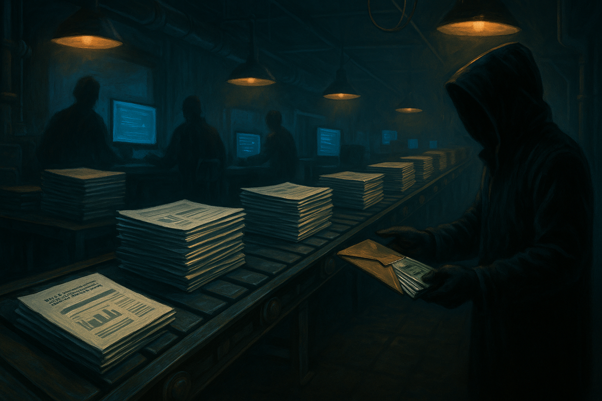 Конвейер стопок «научных» статей и фигура в капюшоне, передающая конверт с деньгами, передают идею превращения фальшивых публикаций в теневую индустрию.