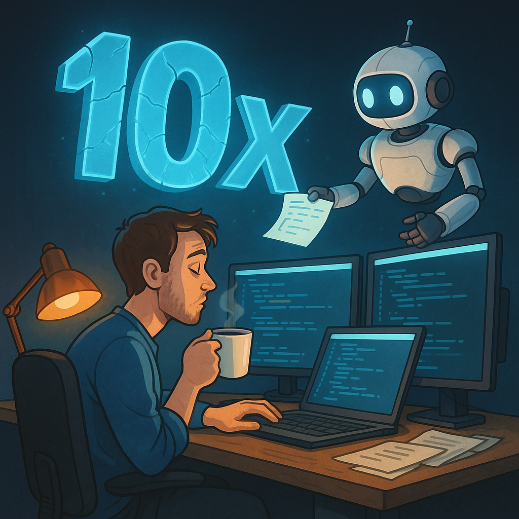 Инженер за кодом устало смотрит на трескающуюся голограмму «10×», пока робот протягивает лист с кодом — образ того, как миф о «10×-продуктивности» ИИ рушится, оставляя место спокойной, осознанной работе.