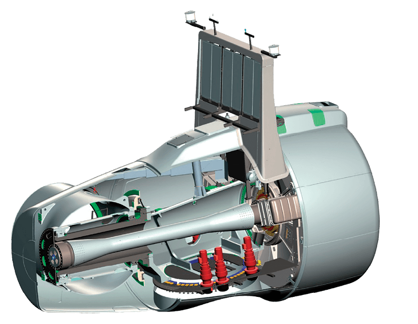 Сертифицированный модуль турбины E128‑3.6 MW 2B на испытательном стенде: крупный план ротора и nacelle блоков.