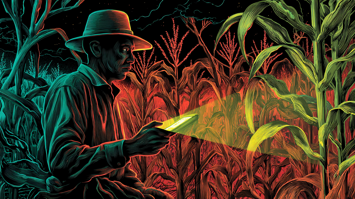 *«SOS НА ПОЛЕ: ГМ-растения светятся красным при обнаружении пестицидов. Фермер видит угрозу в реальном времени через приложение. Факт: технология сокращает потери урожая на 40% (Nature, 2023).»*