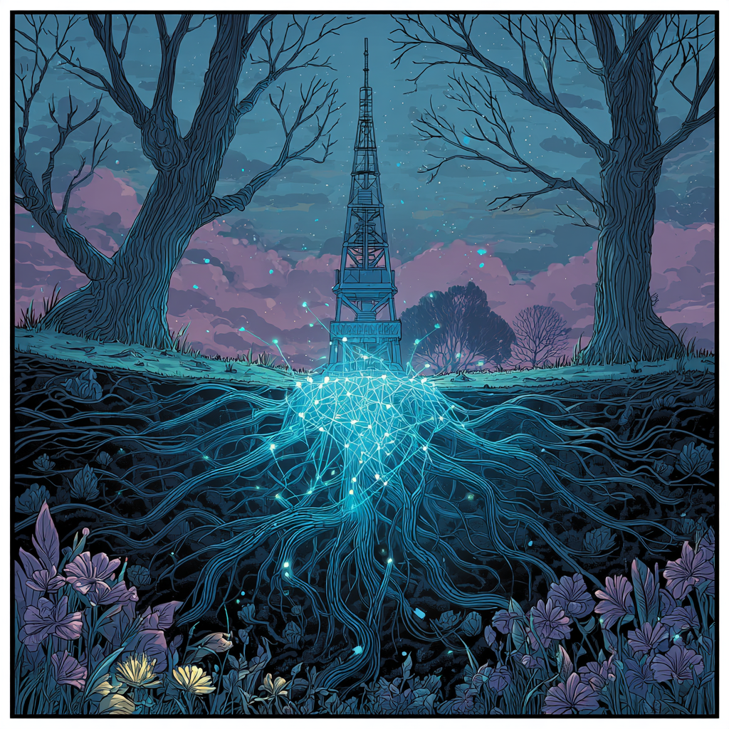 «ЛЕСНОЙ ИНТЕРНЕТ: Наночастицы (синие) на корнях превращают деревья в узлы сети. Сигналы о стрессе передаются на станцию мониторинга. Факт: система предупредила о 5 пожарах в Баварии раньше спутников (Science, 2024).»