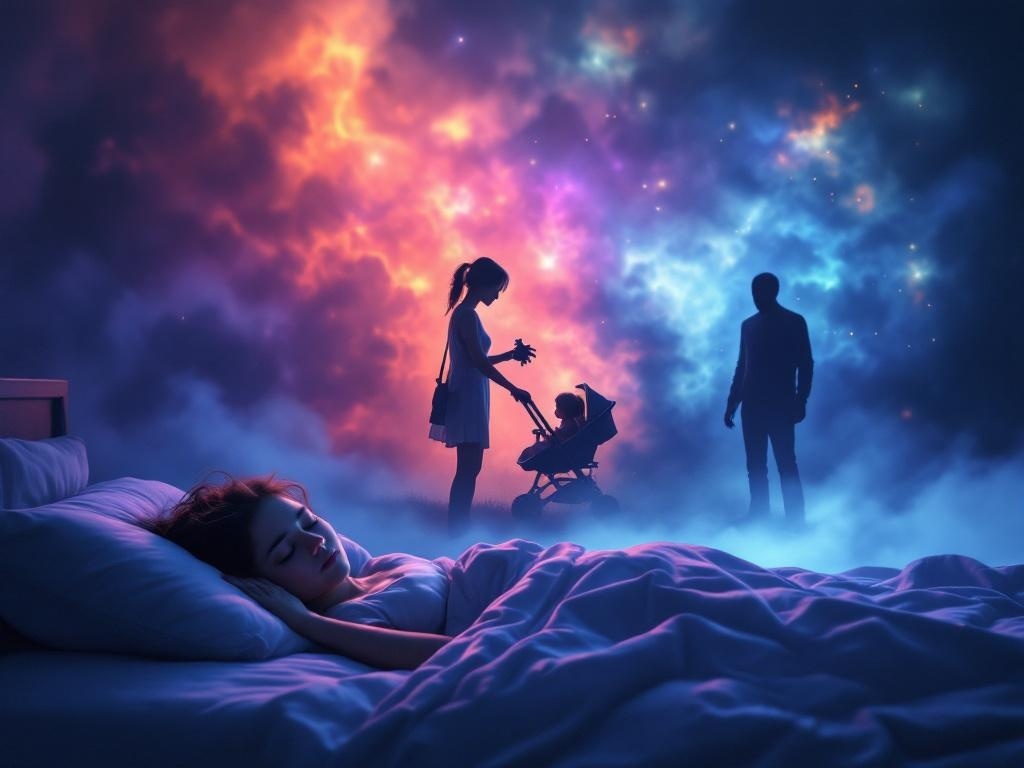    К чему такое снится: На картине изображена женщина стоящая защитной позой перед коляской с младенцем, в руке у неё игрушка. Вблизи тень другой фигуры мрачно направляется к ним.