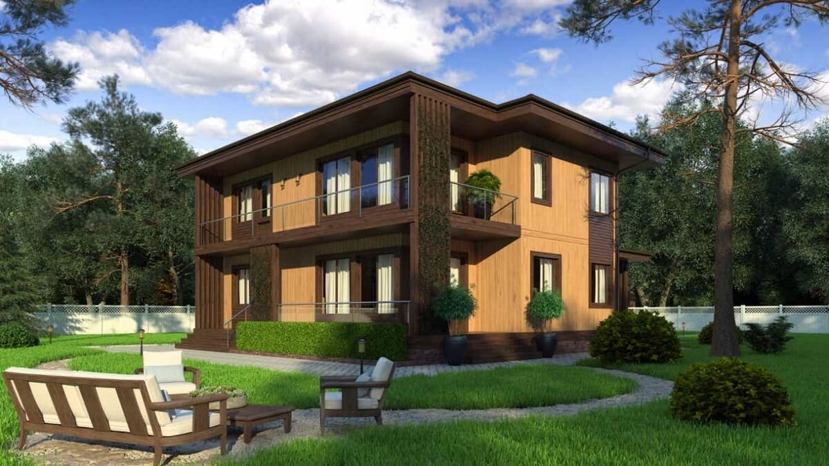 Внешний фасад двухэтажного дома из вертикального бруса NATURI по проекту "Браун"