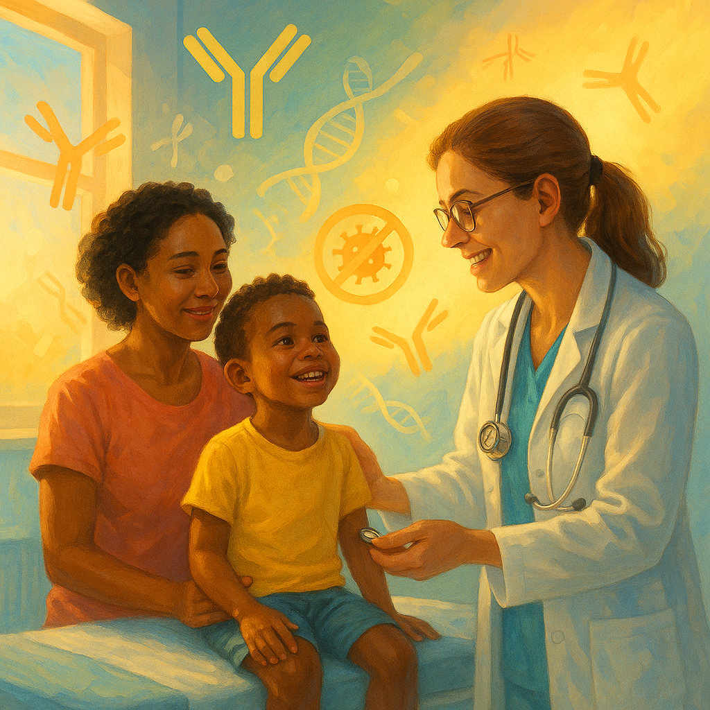 Радостный ребёнок с мамой и врачом в ярко освещённой клинике, символы антител и ДНК вокруг них подчёркивают надежду на победу над ВИЧ у самых маленьких пациентов.