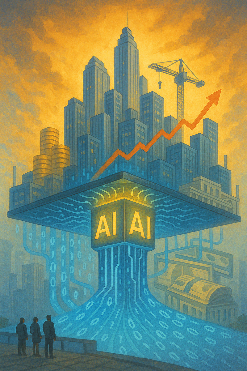 Футуристический мегаполис опирается на сияющий микрочип AI: по его схемам струится поток данных, поднимая небоскрёбы, график роста и башни монет — визуальная метафора того, как инвестиции в ИИ «поддерживают» экономику США.