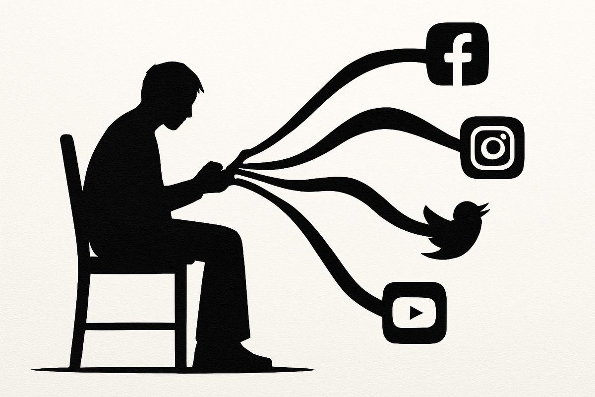 Силуэт человека, окружённого вытягивающимися иконками соцсетей — визуальный образ цифровой зависимости и её психологического воздействия.