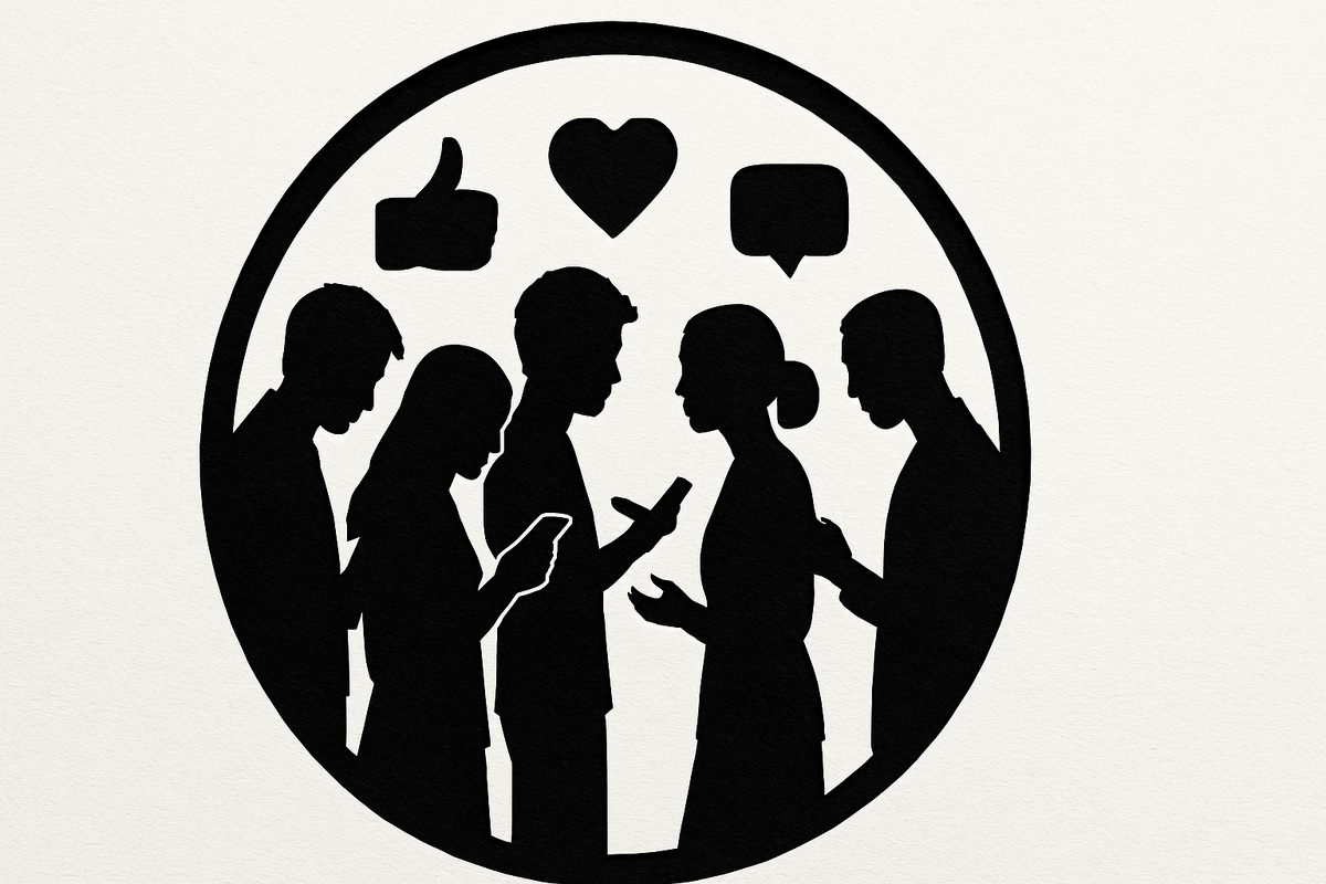 Люди в круге, окружённые символами лайков и комментариев — визуальный образ цифрового взаимодействия и его психологического влияния.