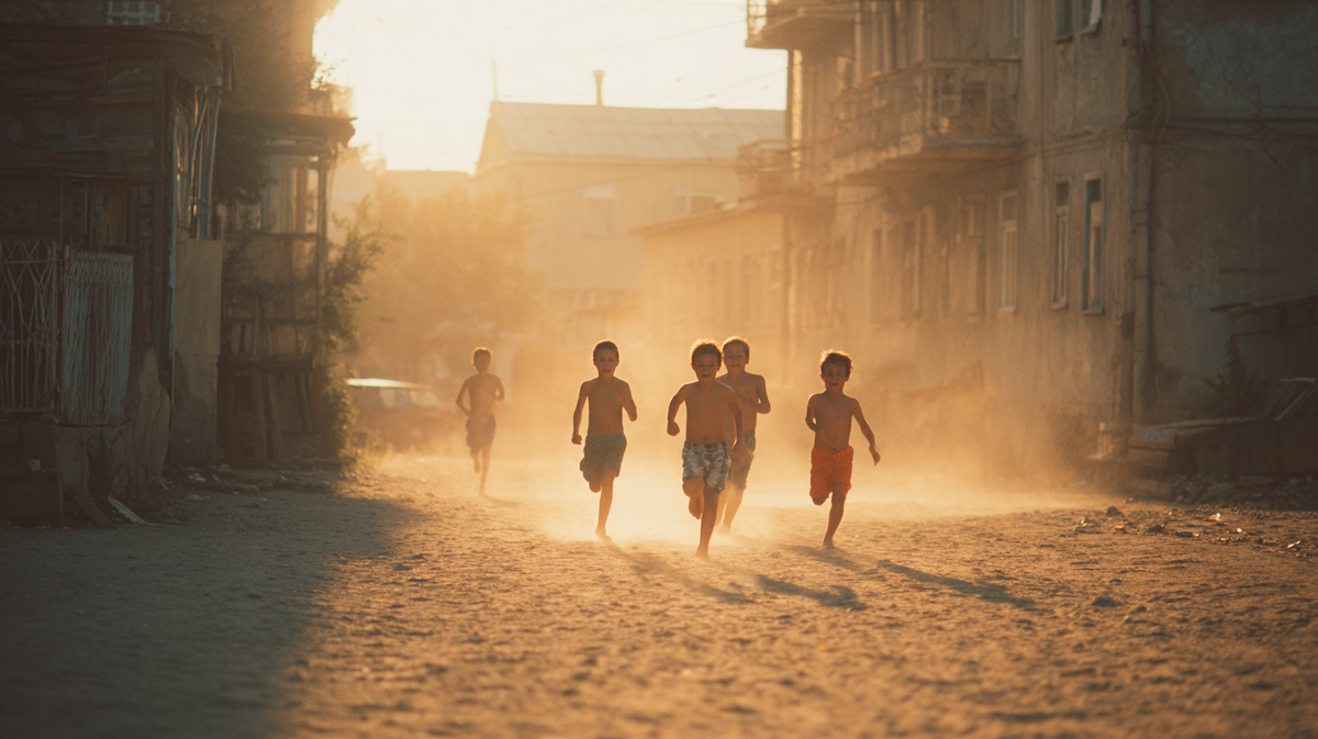 загорелые дети в трусах бегут по пыльной улице 