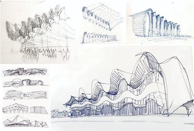Поиск идей для фасада дворца гимнастики архитектурным бюро ТПО "Прайд"