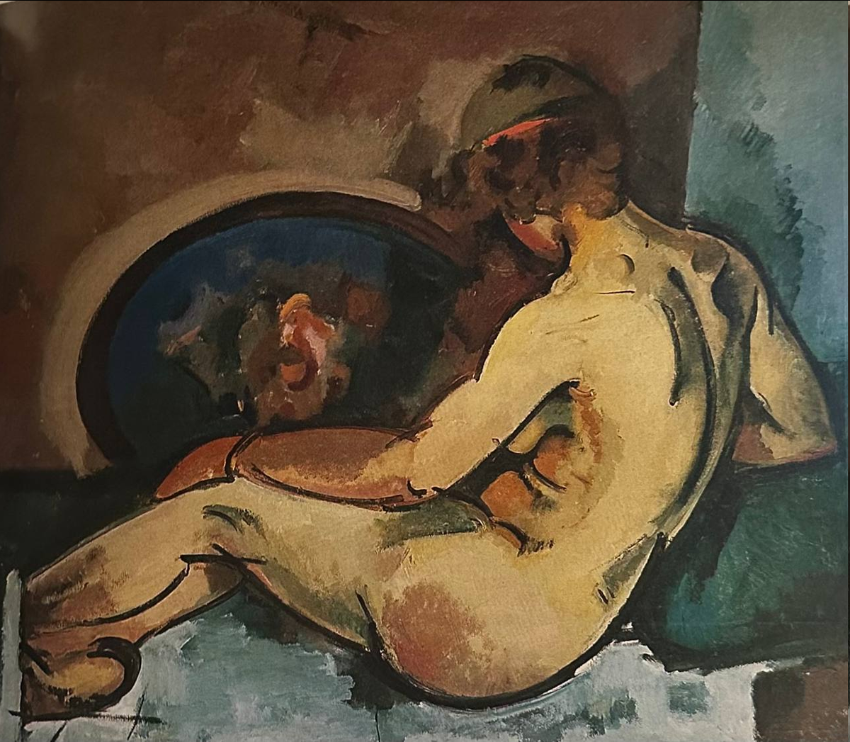 Александр Куприн. «Обнаженная натурщица с красной ленточкой в волосах и синим подносом». 1919