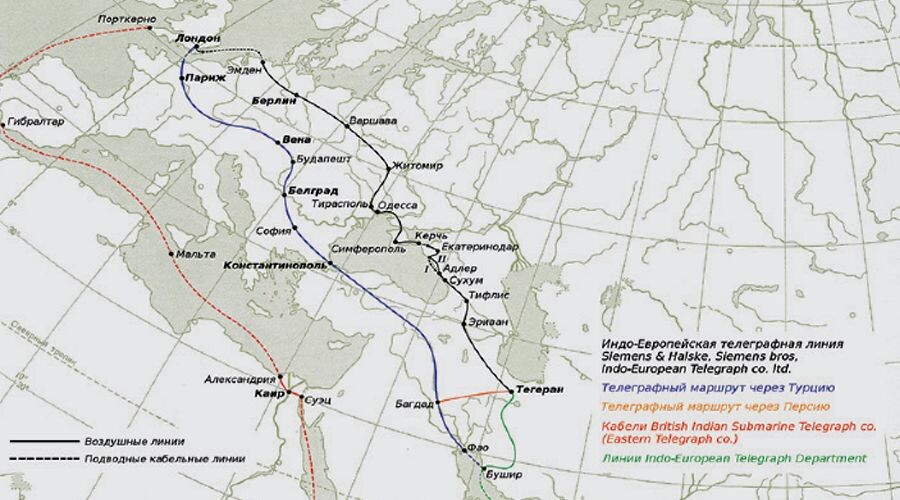     Карта Индо-Европейских телеграфных линий в 1871 году Иллюстрация Егора Сухова из журнала «Первая миля», выпуск #8/2021