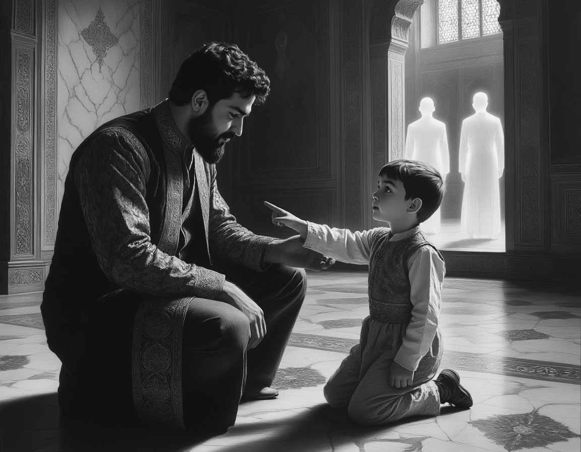 Маленький Орхан, сын Османа, рассказывает своему потрясенному отцу о таинственных, светлых гостях, которые защитили его от убийцы