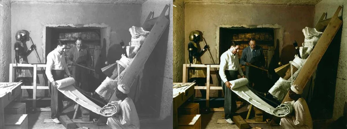 Ховард Картер (слева) работает со своим другом и коллегой Артуром Каллендером над упаковкой одной из двух часовых статуй Тутанхамона, найденных в прихожей, перед их перемещением в «лабораторию», установленную в гробнице Сетоса.
