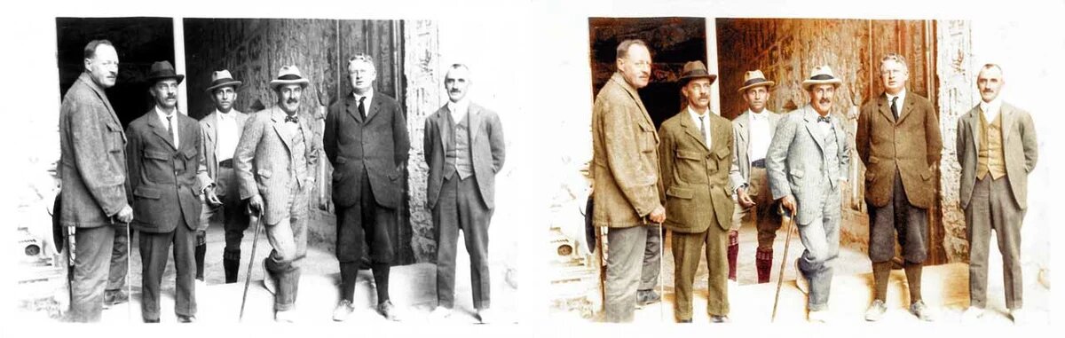 Снаружи гробницы KV 6 Рамсеса IX находятся (слева направо) Артур Каллендер, Артур Мейс, Гарри Бертон, Говард Картер, Алан Гардинер и Альфред Лукас.