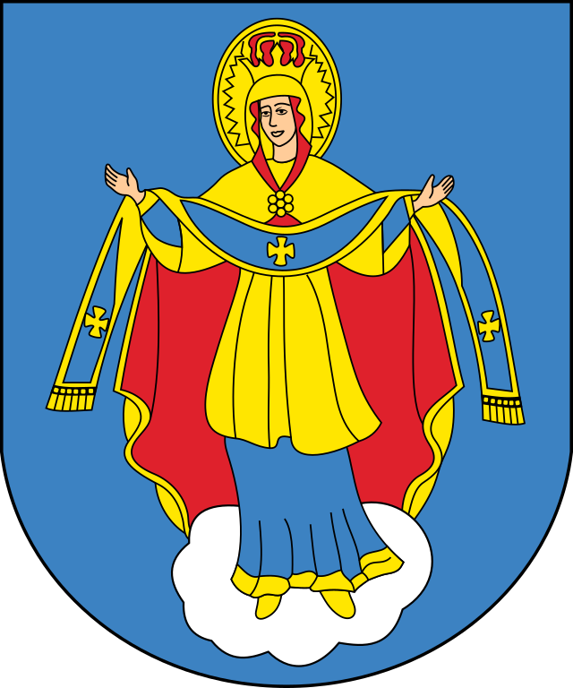 Современный герб Молодечно утвержден в 2000 году. На серебряном облаке изображена Богородица, держащая в руках покров. Источник иллюстрации - uomoik.gov.by