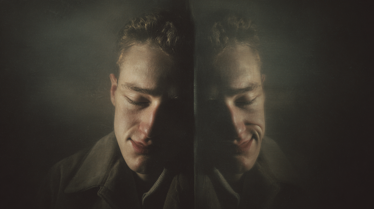 Один человек — две стороны: благодарность и зависть, отражённые в зеркале внутреннего конфликта.