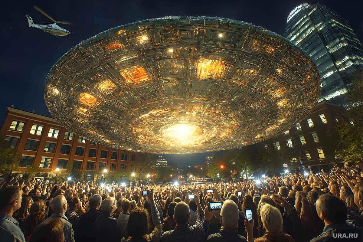 Один из докладчиков во время видеоконференции выступал на фоне летающей тарелки. Фото: Создано в Midjourney © URA.RU