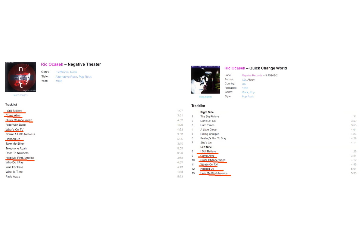 Сравнение трек-листов альбомов. Красным подчёркнуты одинаковые композиции.