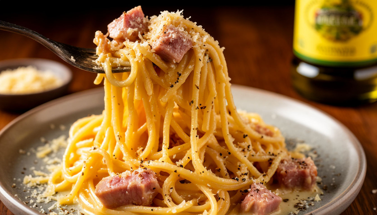 Идеально приготовленные спагетти карбонара с гуанчиале и пармезаном крупным планом.