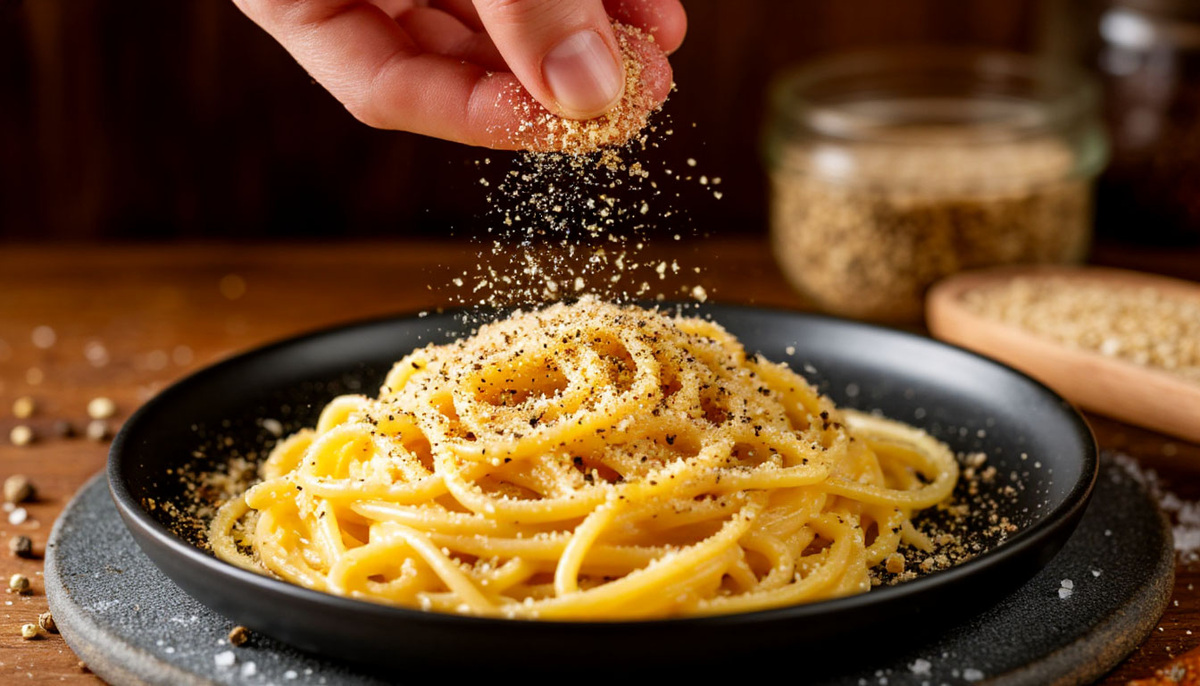 Посыпание классической карбонары свежемолотым черным перцем перед подачей.