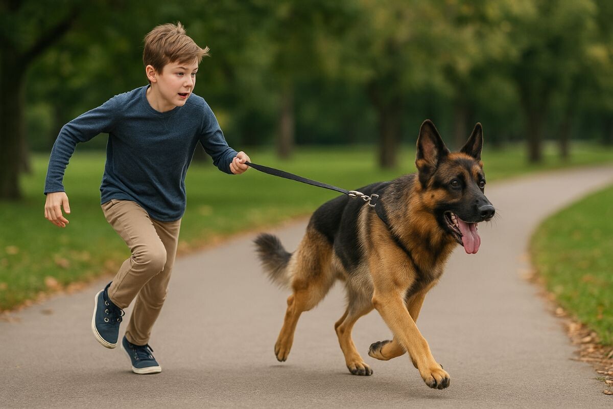 С крупным животным, которое не умеет идти рядом с хозяином, детям гулять просто небезопасно. Источник: нейросеть📷
