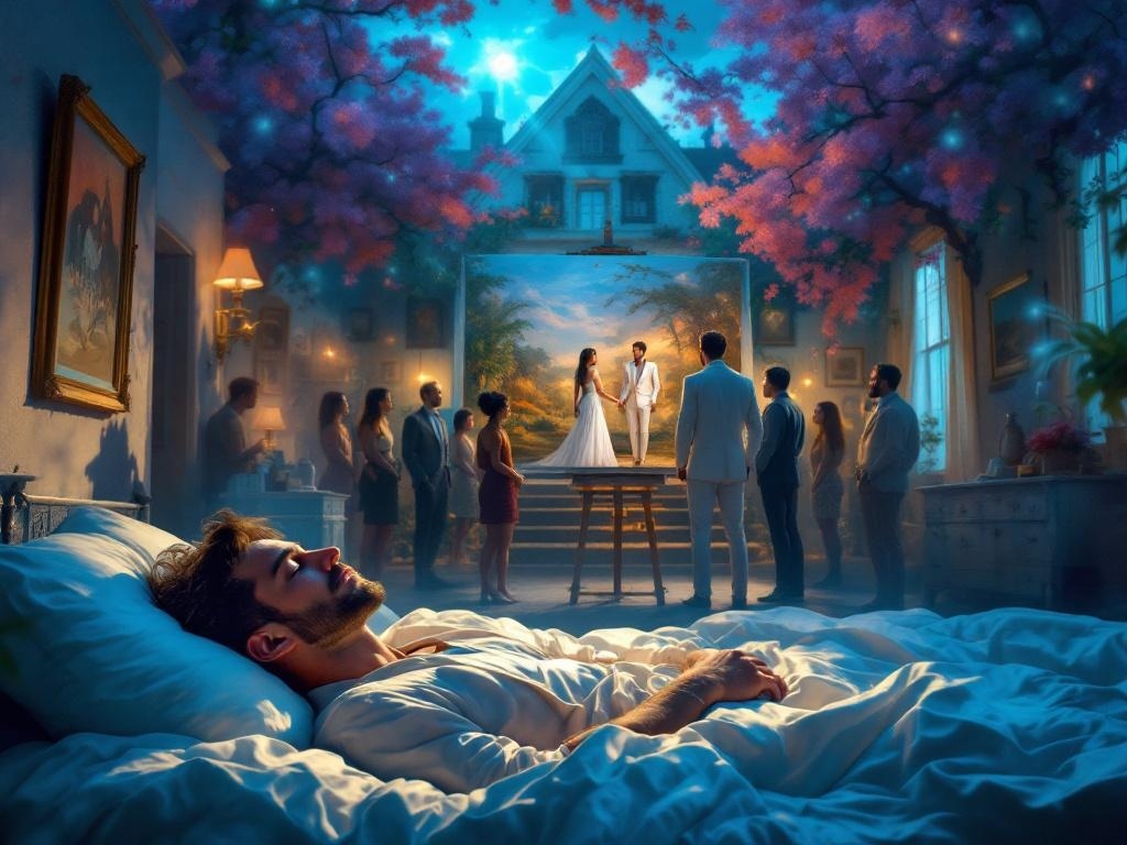    К чему такое снится: Художник рисует интерьер старинного дома. В центре картины - женщина в белом костюме со юбкой. Рядом с ней стоит незнакомый мужчина в свадебном костюме. Вокруг - нес