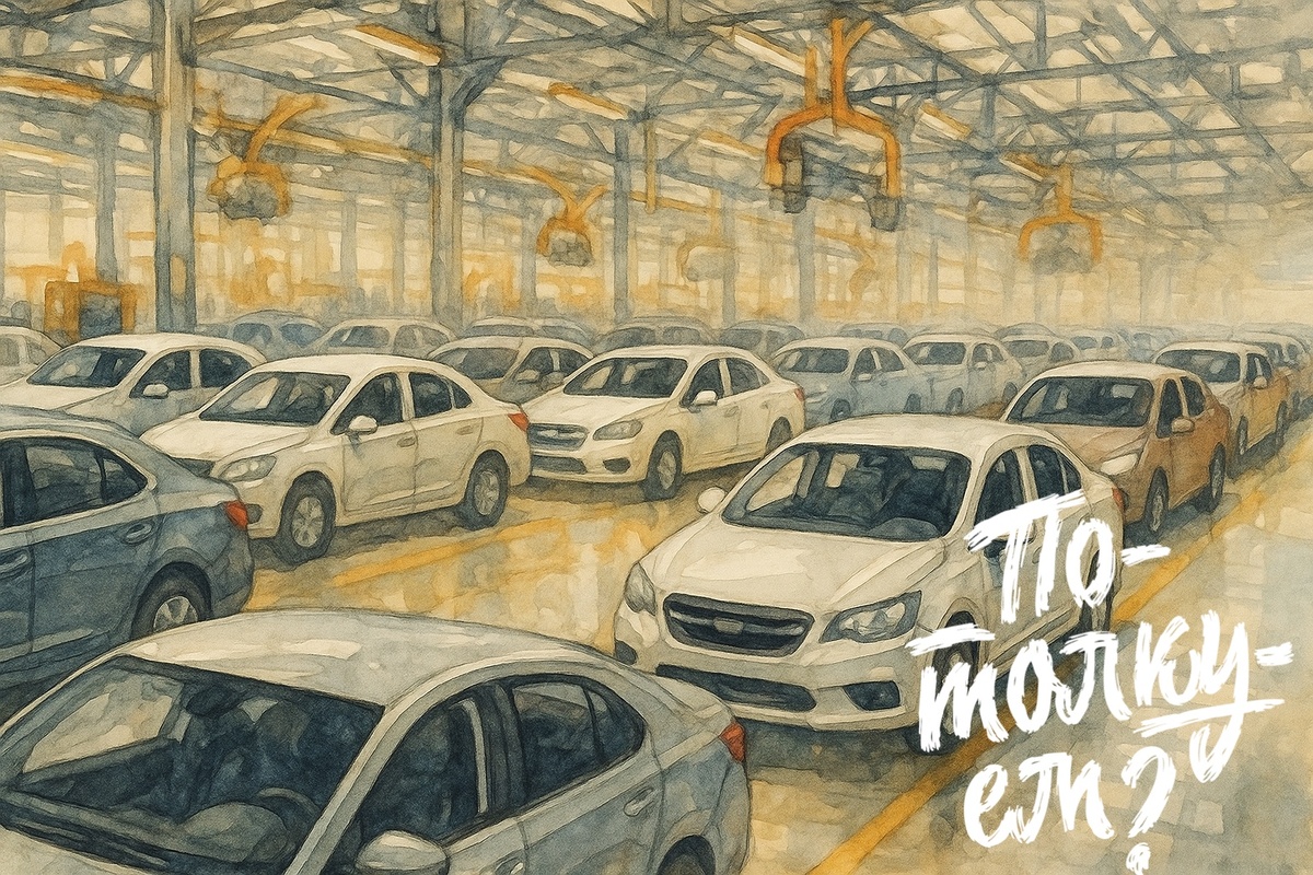 Много автомобилей на заводе сборки машин.