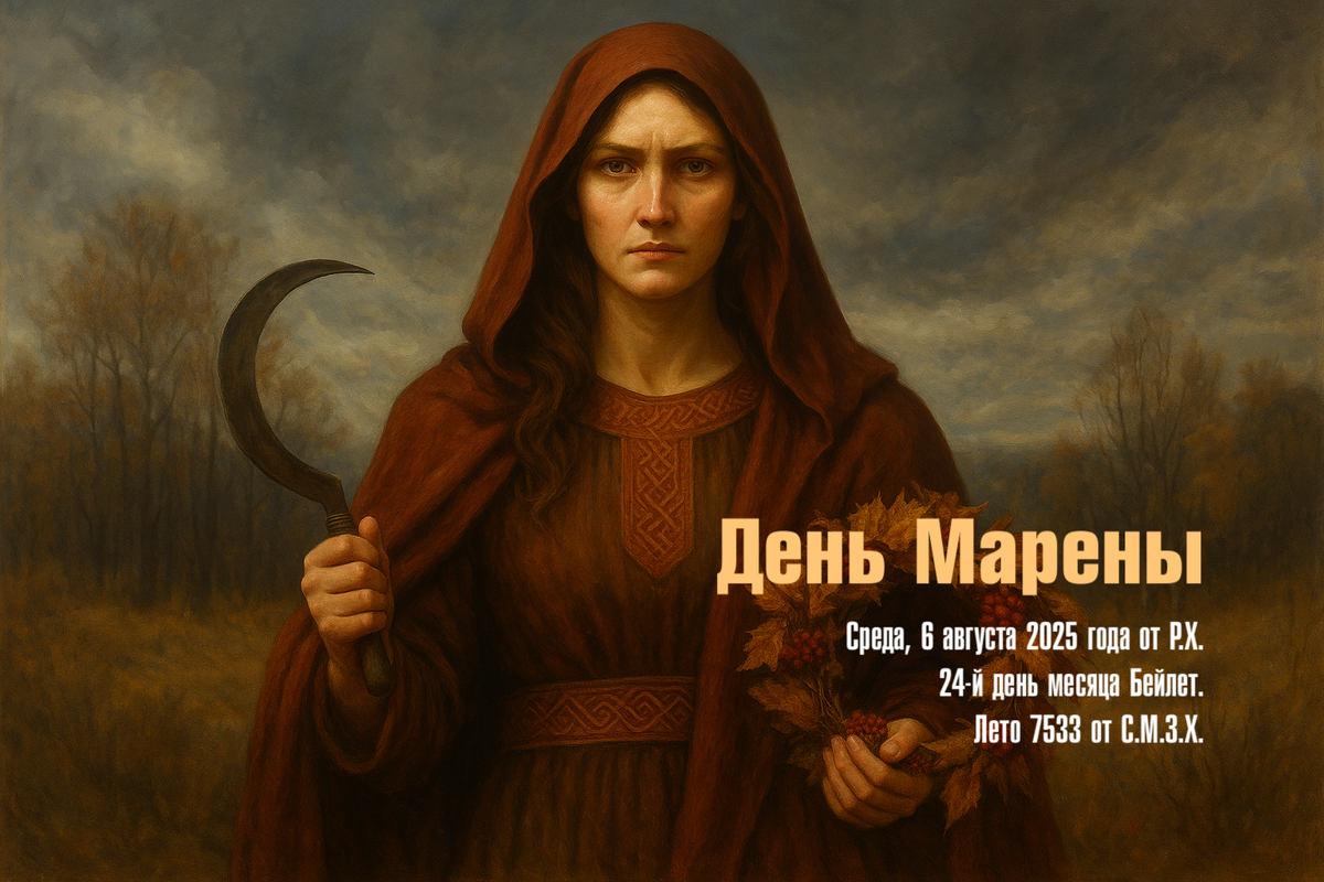 Марена стоит на перекрёстке времён.
На ней одежда цвета гаснущего пламени.
В одной руке серп из светлой меди, в другой венок из чёрного бархата и калины.
Вокруг неё – тихий ветер, несущий запах опавших листьев и дождя.