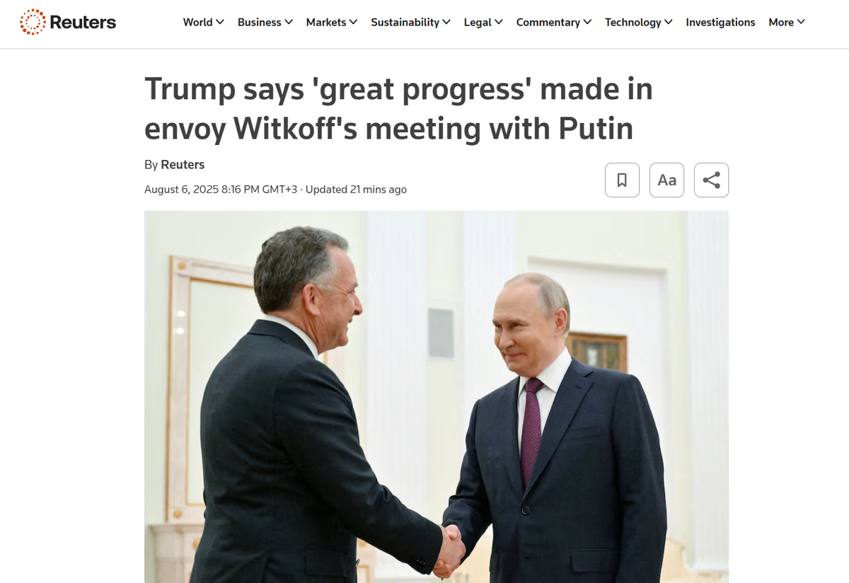     «Трамп заявляет, что на встрече его посланника Уиткоффа с Путиным был достигнут «большой прогресс»