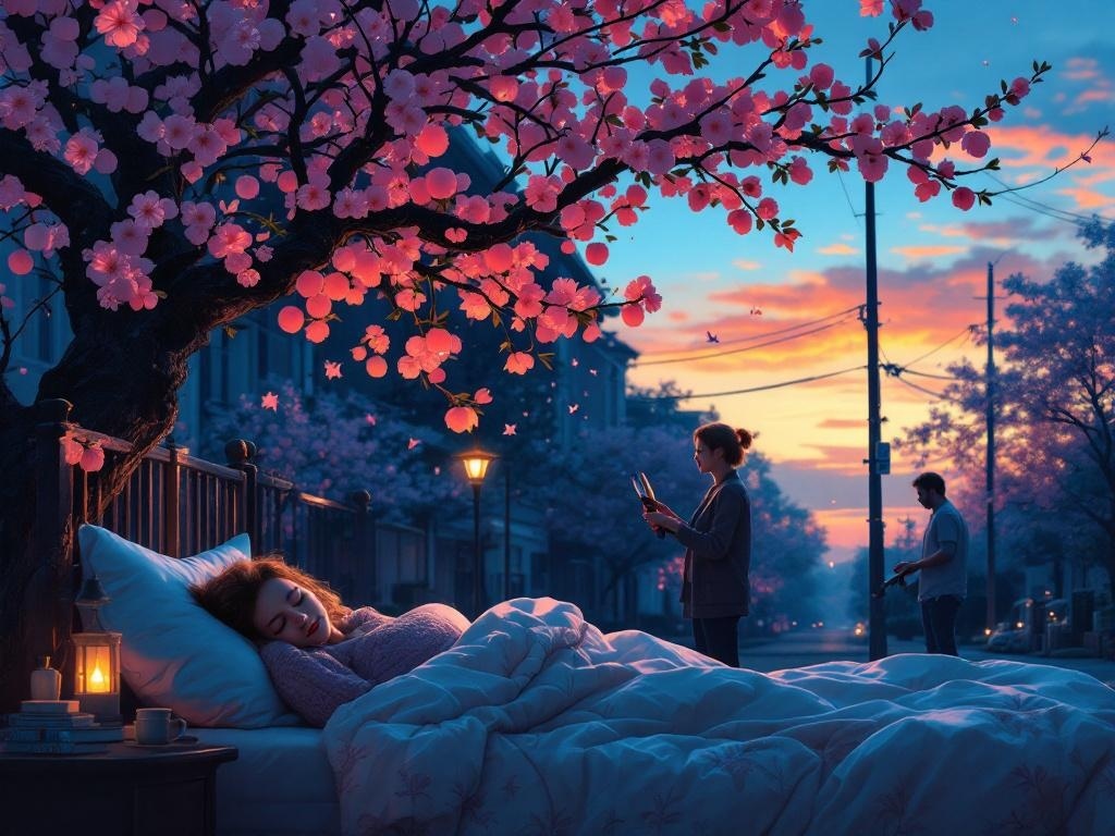    К чему такое снится: На картине женщина средних лет стоит у цветущего персикового дерева в сумерках. Рядом мужчина секатором отрезает отросток дерева. Улица затемнена, заходит вечер.