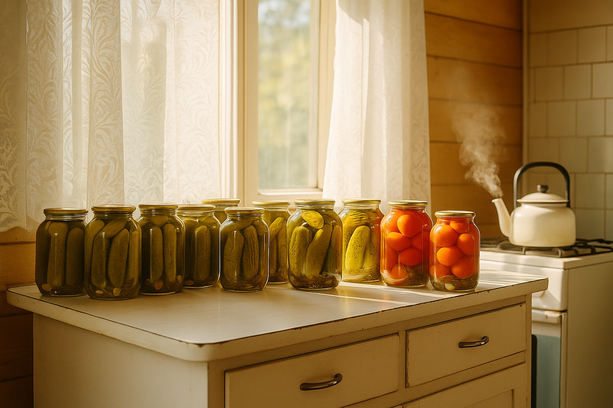 Солнечный луч скользит по тумбе: стройные банки с огурцами и яркими помидорами сияют, пар от чайника рисует в воздухе тонкую дымку — чистая энергия лета, которая доживёт до весны.