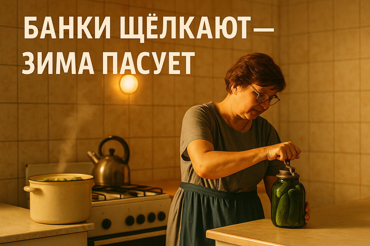 Советская кухня, конец 70-х: бабушка закатывает огурцы, пар от чайника клубится в тёплом свете лампы. В кадре – тот самый момент «щёлка» крышки, который обещает спокойную зиму.