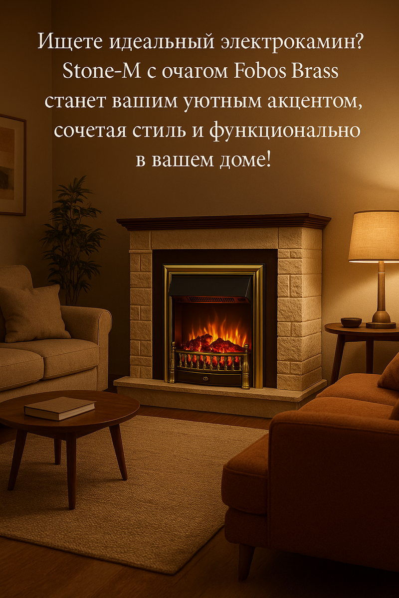    Электрический камин Stone-M с очагом Fobos Brass: создайте уют и стиль в вашем доме без лишних хлопот Kamin