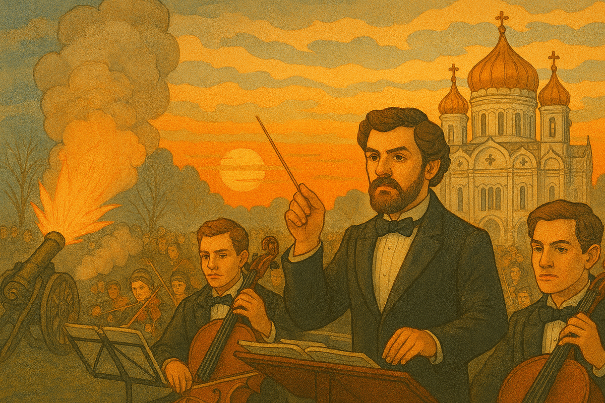 Дирижёр и оркестр исполняют «Увертюру 1812 года».