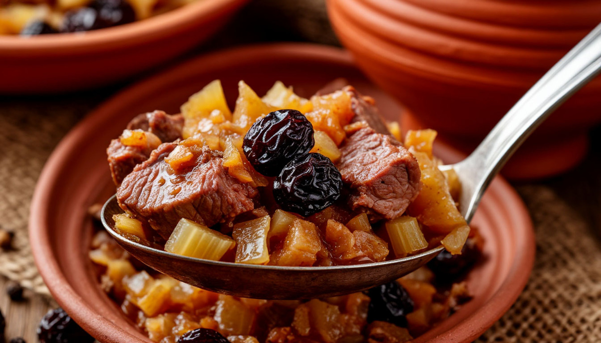 Аппетитная порция традиционного польского бигоса с мясом и черносливом.