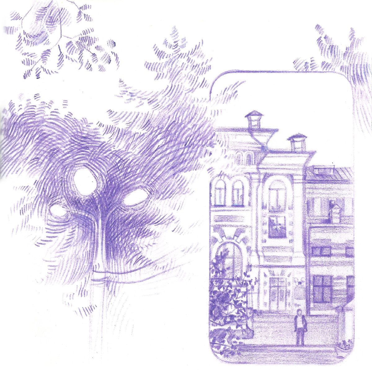 Зарисовки у Калужского вокзала. Цветной карандаш, бумага. Размер 19х19 см. 2022 год. Художник Корягина Светлана (Корга Арт)