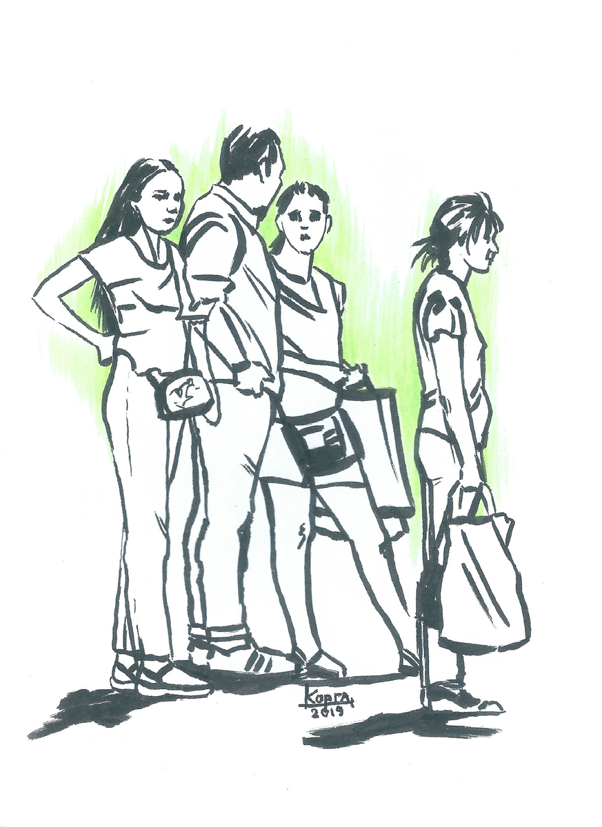 Набросок с людьми у светофора в городе Калуга. Чёрный брашпен, цветной зелёный карандаш,бумага. Формат А5. 2029 год. Художник Корягина Светлана (Корга Арт)