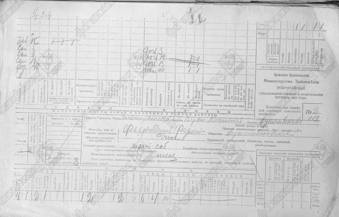 Поземельная перепись 1917 года по: д. Душембеково, Златоустовский уезд, Верхне-Кигинская волость; фонд Р-473, опись 1, дело 3127 (без имен, только возраст) - семья Фазлетдина Фахретдинова