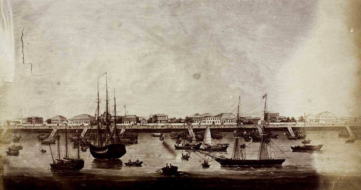 Рисунок набережной Вайтань, Шанхай, 1856 г., из коллекции Вашер-Хилдитч, Исторические фотографии Китая