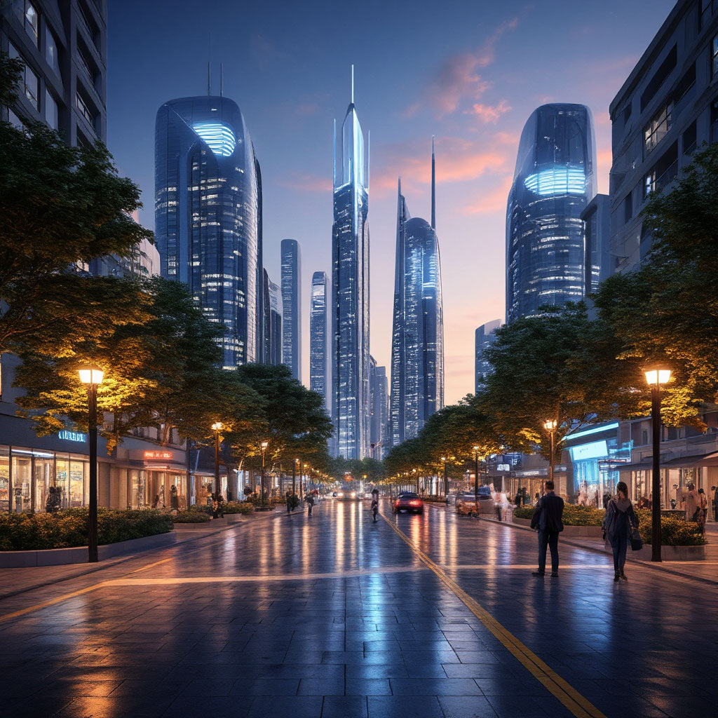 Город будущего KIBOR с современным уличным освещением.