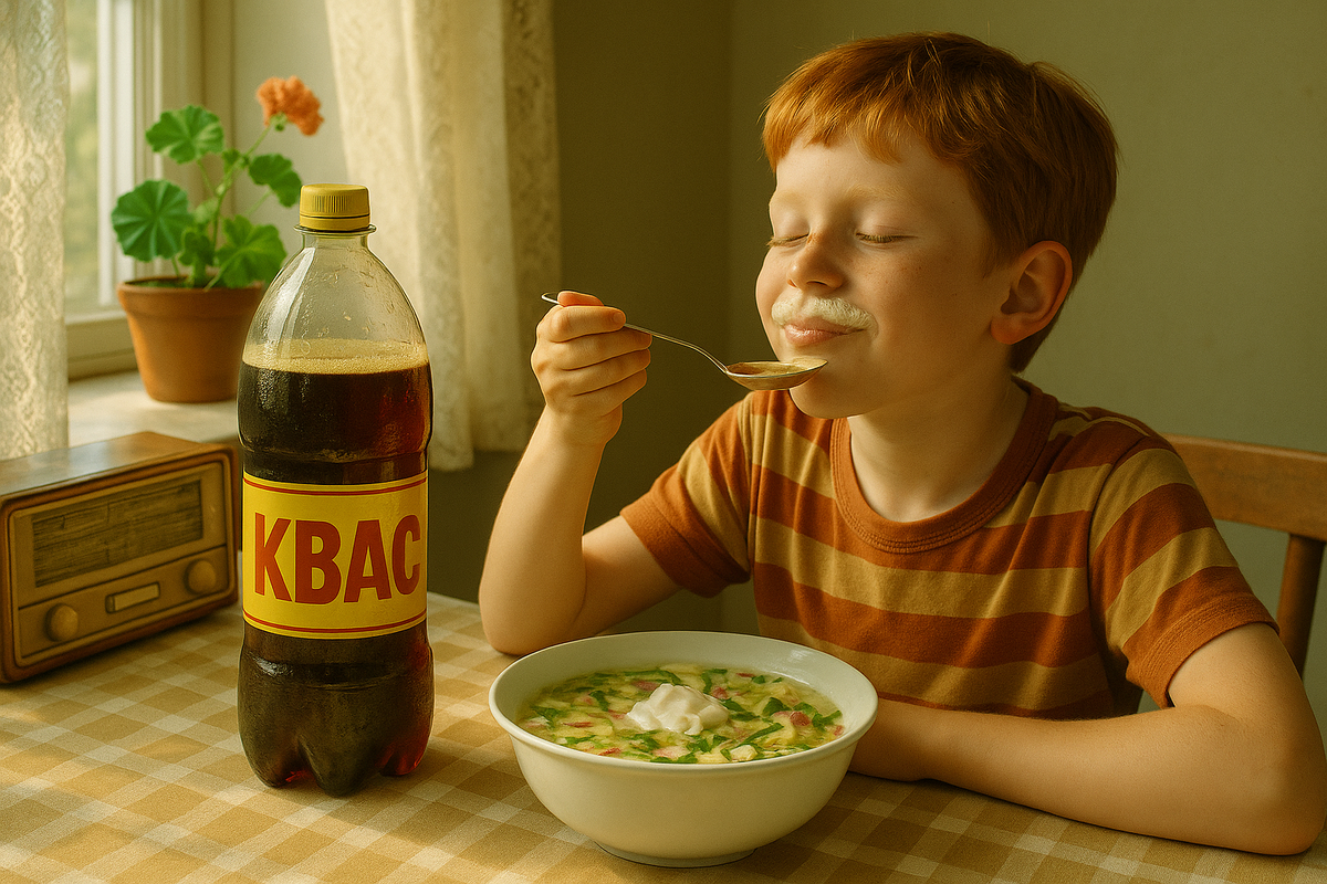 Рыжий парень с белой «пеной» под носом уплетает холодную окрошку; на столе банка кваса, укроп и старый транзистор — кадр пахнет детством, когда обед начинался с хлебного напитка, а заканчивать не хотелось.